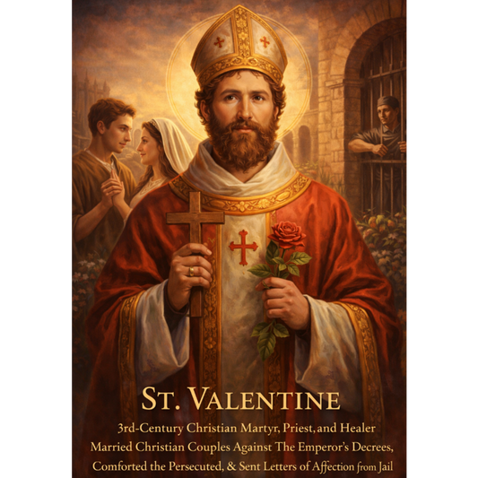 St. Valentine holding a rose with a historical setting in the background