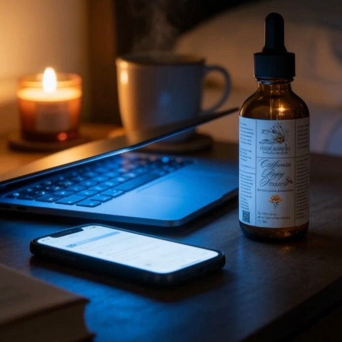 Bottle of tincture on a desk with a phone, laptop, and candle in the background