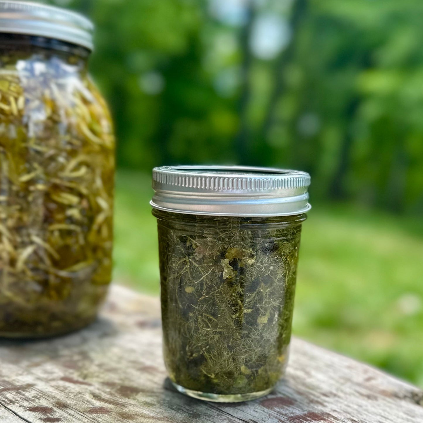 Two jars of pickled vegetables on a wooden surface with a blurred green outdoor background