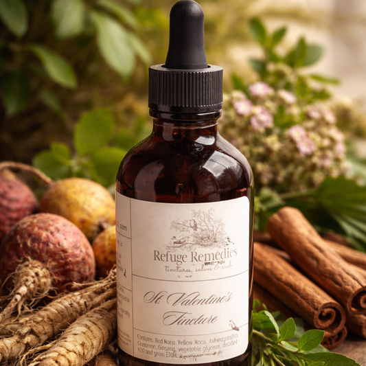 Bottle of Refuge Remedies St. Valentine's Tincture surrounded by herbs and spices on a wooden surface.