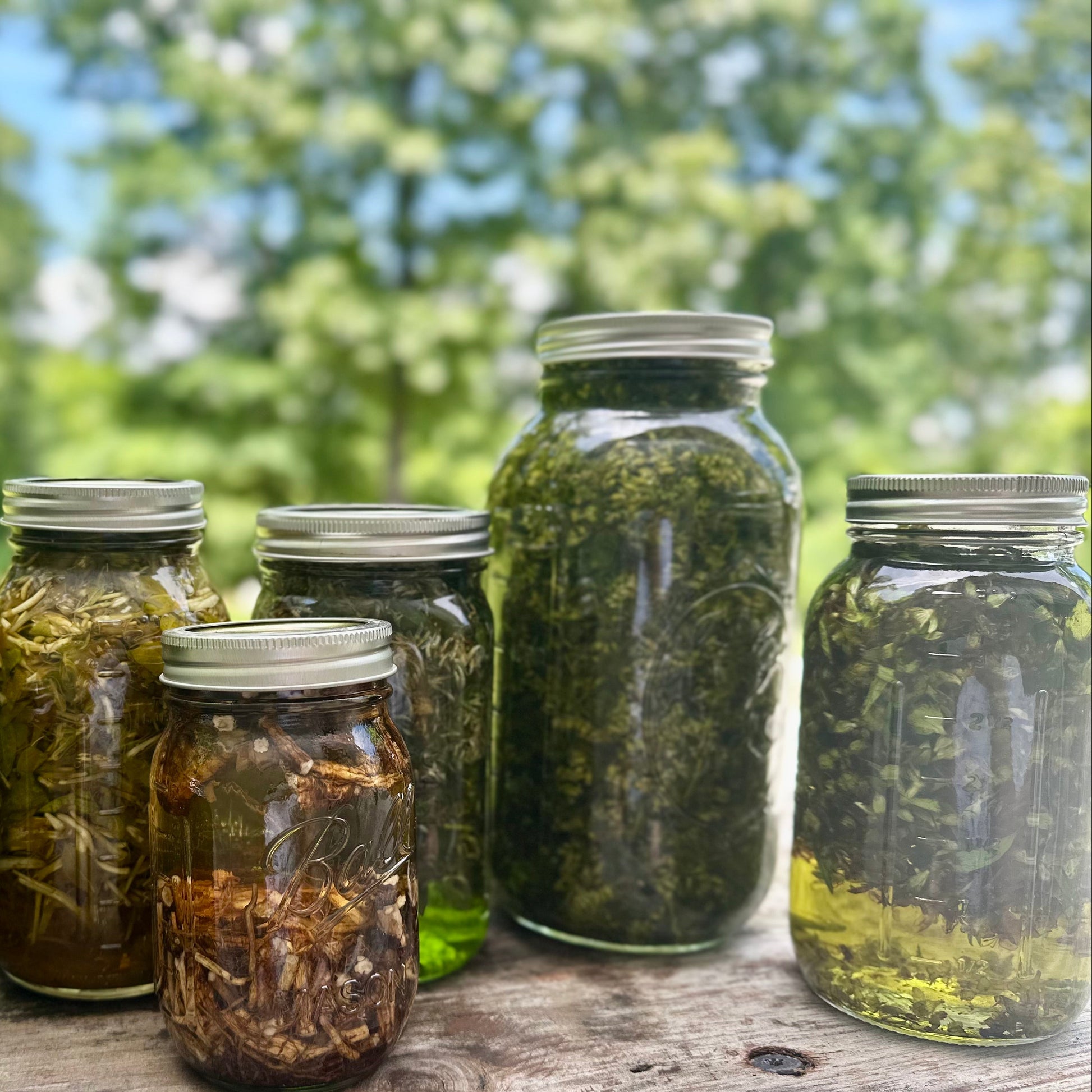 Jars of preserved greens on a wooden surface with a natural background