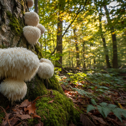 lions mane growing in forest